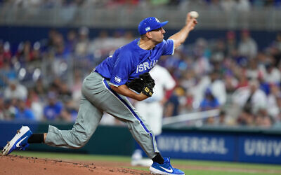 Israel's Colton Gordon delivers a pitch during the first inning of a World Baseball Classic game against Puerto Rico in Miami, Florida, March 13, 2023. (AP Photo/Wilfredo Lee)