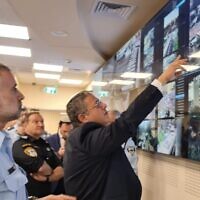 National Security Minister Itamar Ben Gvir visits the Tel Aviv Police Forward Command Center with Police Commissioner Koi Shabtai, March 1, 2023. (Courtesy: National Security Ministry)