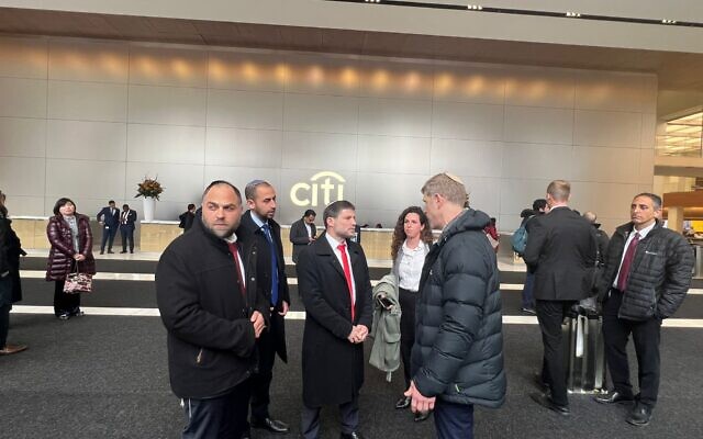 Finance Minister Bezalel Smotrich in the lobby of the Citi Bank headquarters in New York on March 14, 2023. (Courtesy)