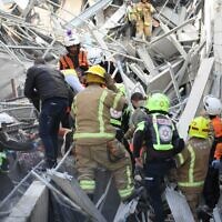 Emergency responders at a construction site in Ramat Gan where scaffolding collapsed, killing two and injuring several others. (Israel Fire and Rescue Services)