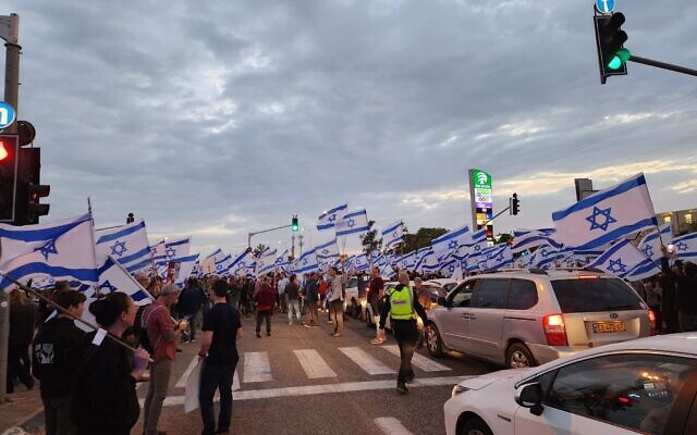 Protesters block the Karkur Junction on the Route 65 highway in northern Israel, March 25, 2023. (Israel Police)