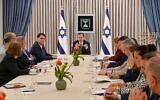President Isaac Herzog hosts delegations from Likud, Yesh Atid and National Unity for judicial overhaul negotiations at his residence in Jerusalem, March 28, 2023. (Kobi Gideon/ GPO)