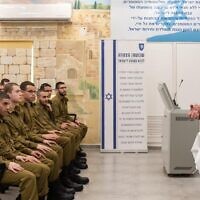 IDF chief Herzi Halevi speaks to new conscripts at an induction center at the Tel Hashomer base in central Israel, March 26, 2023. (Israel Defense Forces)