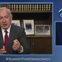 Prime Minister Benjamin Netanyahu delivering remarks to a US State Department summit via video on March 29, 2023. (screen capture: YouTube/State Department)