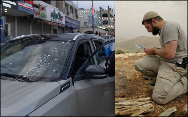 A car seen with bullet holes at an intersection in the West Bank town of Huwara following a terrorist attack on March 19, 2023. Right: US-Israeli David Stern, a former US Marine, who was seriously wounded and managed to fire back. (Israel Defense Forces; courtesy)