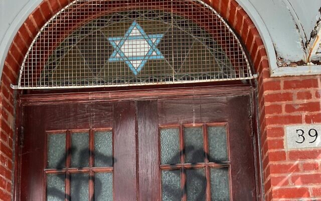 Vandals defaced Quebec province’s oldest synagogue building with Nazi swastikas in March 2023 (B'nai Brith Canada via JTA)