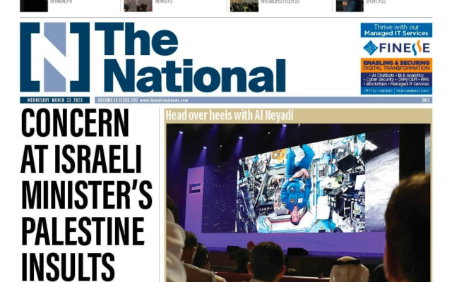 The front page of the UAE-based 'The National' on March 22, 2023.