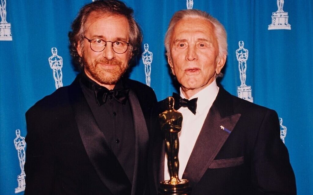 Kirk Douglas received an honorary Oscar from Steven Spielberg in 1996. (Courtesy of The Douglas Archive)