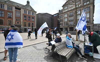 Dutch Jews express solidarity with Israel at a rally in Amsterdam, the Netherlands, on May 16, 2021. (Canaan Lidor)