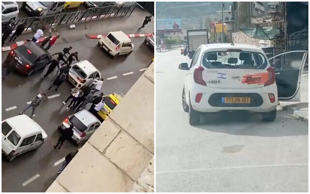 An Israeli ride-sharing car driven by German tourists that was attacked by Palestinians in Nablus, March 18, 2023. (Screenshot: Twitter)