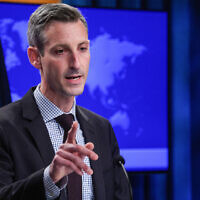 US State Department spokesman Ned Price speaks at the daily briefing at the State Department in Washington, February 25, 2022. (Nicholas Kamm/Pool via AP)