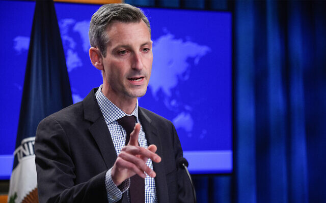 US State Department spokesman Ned Price speaks at the daily briefing at the State Department in Washington, February 25, 2022. (Nicholas Kamm/Pool via AP)