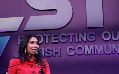 British Home Secretary Suella Braverman speaks at the annual Community Security Trust fundraising dinner in London, UK, on March 29, 2023. (CST)