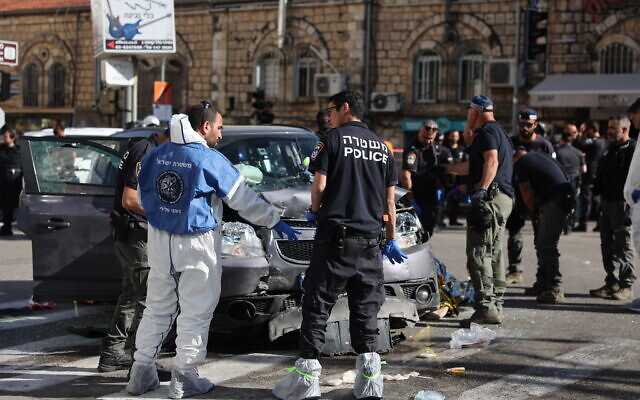 The scene of a terrorist car-ramming attack in Jerusalem on April 24, 2023 (Yonatan Sindel/Flash90)