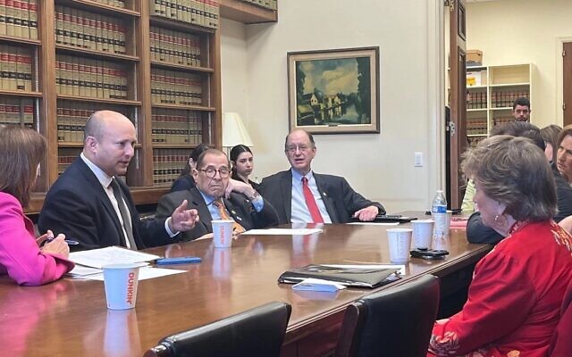 Naftali Bennett, second from the left, meets with Jewish Democrats at the Capitol, April 19, 2023. (Twitter via JTA. )