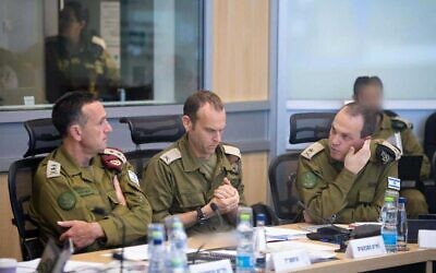 IDF Chief of Staff Herzi Halevi (left) at an assessment with senior commanders amid a multifront escalation, April 7, 2023. (Israel Defense Forces)