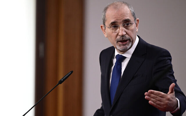 Jordanian Foreign Minister Ayman Safadi gives a joint press conference with his German counterpart on April 3, 2023 at the Foreign Office in Berlin. (John Macdougall/AFP)