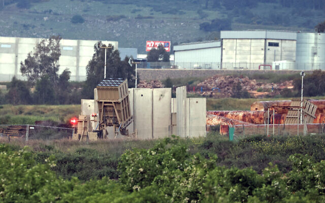 Batteries of Israel's Iron Dome air defense system are pictured near Kiryat Shmona, near the Lebanese border, on April 7, 2023. (Jalaa Marey/AFP)