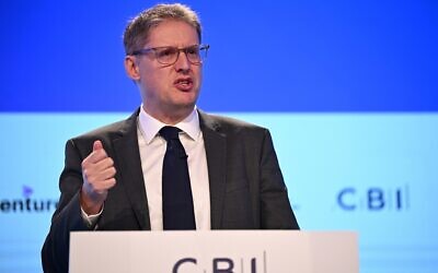 File: Then-Confederation of Business Industry (CBI) director general Tony Danker addresses the annual CBI conference at the Vox Conference Centre in Birmingham, United Kingdom, November 21, 2022. (Oli Scarff/AFP)