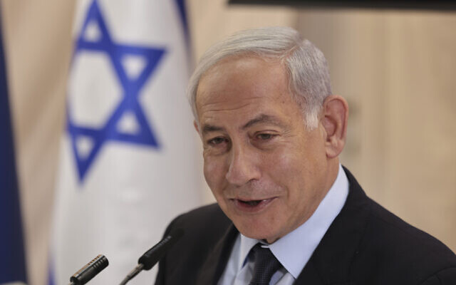 Prime Minister Benjamin Netanyahu speaks during a cabinet meeting in the southern city of Sderot on April 20, 2023. (Menahem Kahana/Pool/AFP)