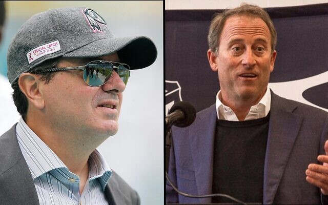 Washington Commanders owner Dan Snyder, left, is reportedly selling his NFL franchise to Josh Harris, right. (Getty/Wikimedia Commons, via JTA)