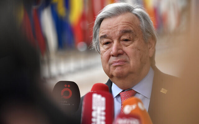 United Nations Secretary-General Antonio Guterres speaks with the media as he arrives for an EU summit at the European Council building in Brussels, March 23, 2023. (Geert Vanden Wijngaert/AP)