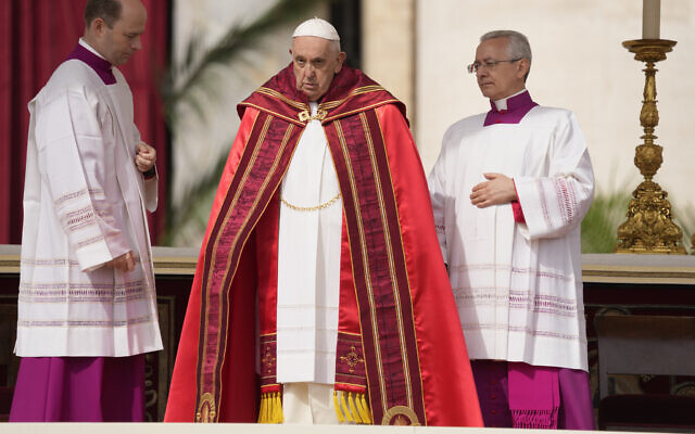Pope Francis arrives on the altar to celebrate the Palm Sunday's mass in St. Peter's Square at The Vatican, April 2, 2023. (AP Photo/Andrew Medichini)