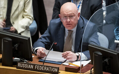 Vassily Nebenzia, permanent representative of Russia to the United Nations, speaks during a meeting of the UN Security Council, March 29, 2022, at United Nations headquarters (AP Photo/John Minchillo, File)