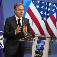 United States Secretary of State Antony Blinken addresses a media conference during a meeting of NATO foreign ministers at NATO headquarters in Brussels, April 5, 2023. (AP Photo/Virginia Mayo)