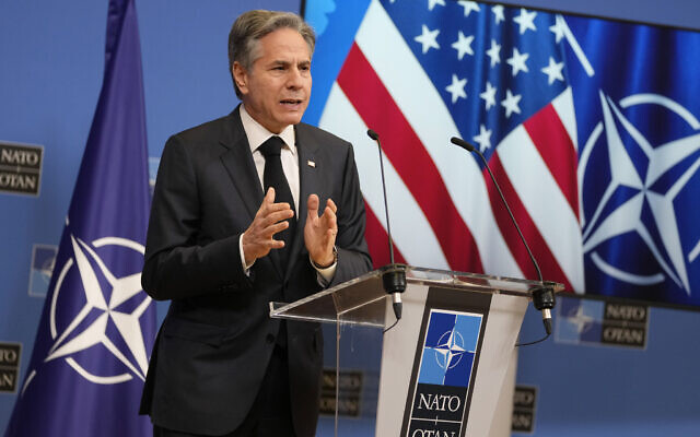 United States Secretary of State Antony Blinken addresses a media conference during a meeting of NATO foreign ministers at NATO headquarters in Brussels, Wednesday, April 5, 2023. (AP Photo/Virginia Mayo)