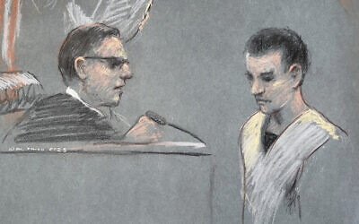 Massachusetts Air National Guardsman Jack Teixeira, right, appears in US District Court in Boston, April 14, 2023 (Margaret Small via AP)