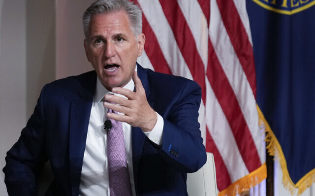 Speaker of the House Kevin McCarthy speaks during an event at the New York Stock Exchange in New York, Monday, April 17, 2023. (AP Photo/Seth Wenig)