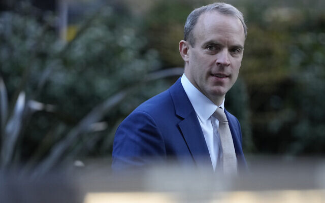 Britain's Deputy Prime Minister Dominic Raab arrives at 10 Downing Street in London, Tuesday, Jan. 18, 2022. Raab has resigned after an independent investigation into complaints that he bullied civil servants.  (AP Photo/Alastair Grant file)