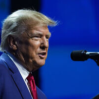 Former US president Donald Trump speaks at the National Rifle Association Convention in Indianapolis, April 14, 2023. (Michael Conroy/AP)