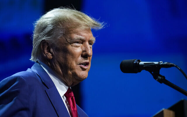 Former US president Donald Trump speaks at the National Rifle Association Convention in Indianapolis, April 14, 2023. (Michael Conroy/AP)