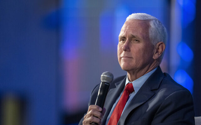 Former vice president Mike Pence pauses while speaking at the Federalist Society Executive Branch Review conference, April 25, 2023, in Washington. (AP/Alex Brandon)