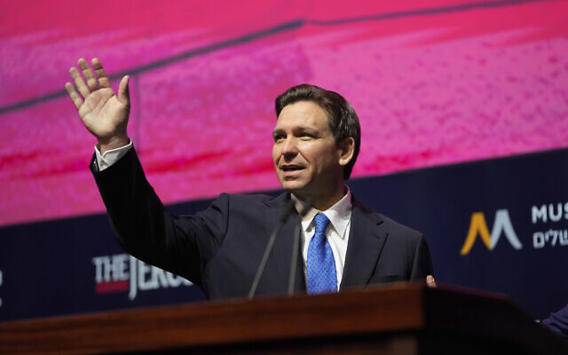 Florida Gov. Ron DeSantis waves as he arrives to speak at a conference titled "Celebrate the Faces of Israel" organized by The Jerusalem Post and Jerusalem's Museum of Tolerance, Thursday, April 27, 2023. (AP Photo/Maya Alleruzzo, Pool)