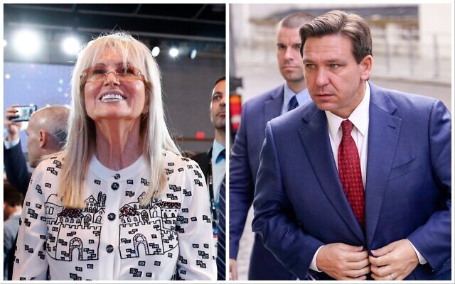 Miriam Adelson at the Israeli American Council National Summit in Hollywood, Florida on December 7, 2019; Florida Governor Ron DeSantis arrives at the Foreign Office in London on April 28, 2023. (AP Photo/Patrick Semansky and Alberto Pezzali)