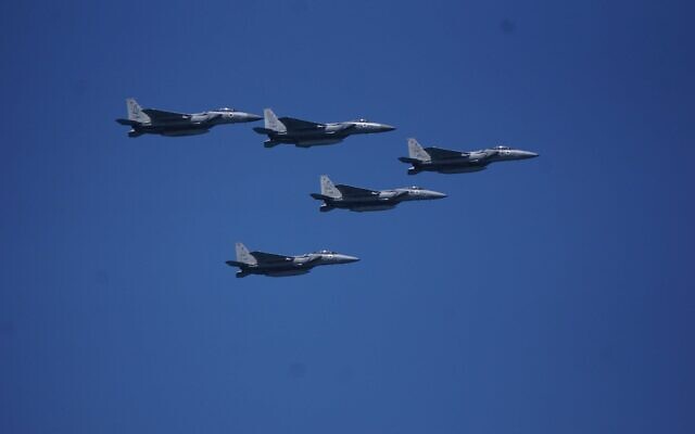IAF F-F15s take part in an independence day flyby in Tel Aviv  on April 26, 2023. (Emanuel Fabian/Times of Israel)