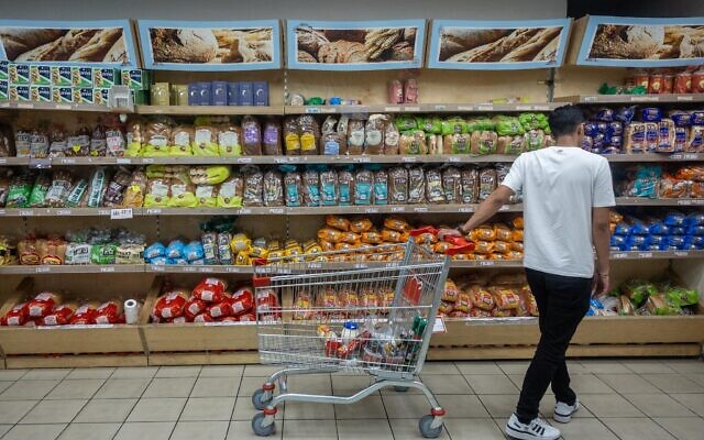 Illustrative: Bread for sale at the Rami Levy supermarket in Jerusalem on July 17, 2022. (Yonatan Sindel/Flash90)