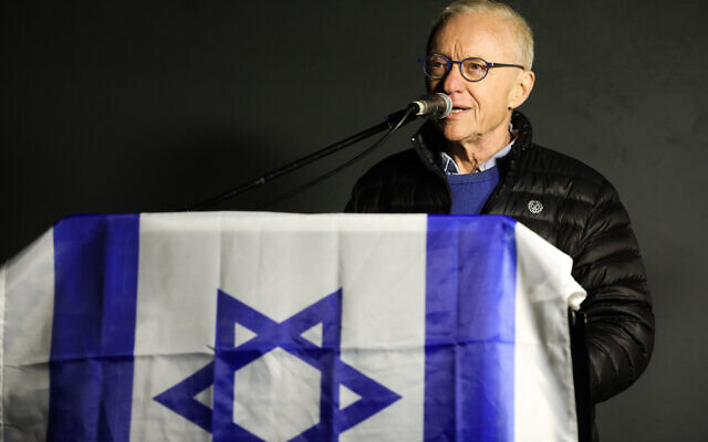 Author David Grossman speaks at a protest against the government's planned judicial overhaul, outside the President's Residence in Jerusalem, on April 1, 2023. (Noam Revkin Fenton/Flash90)