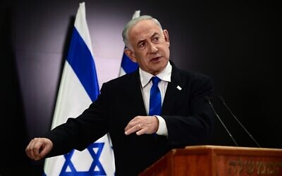 Prime Minister Benjamin Netanyahu holds a press conference at the Defense Ministry headquarters in Tel Aviv on April 10, 2023. (Tomer Neuberg/Flash90)