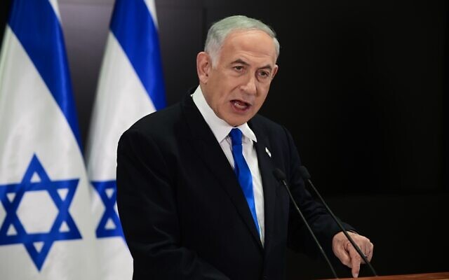 Prime Minister Benjamin Netanyahu holds a press conference at the Defense Ministry in Tel Aviv on April 10, 2023. (Tomer Neuberg/Flash90)