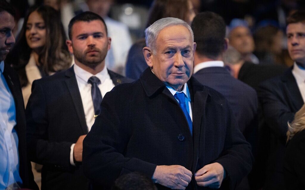 Prime Minister Benjamin Netanyahu at the 75th anniversary Independence Day ceremony, held at Mount Herzl, Jerusalem on April 25, 2023. (Yonatan Sindel/Flash90)