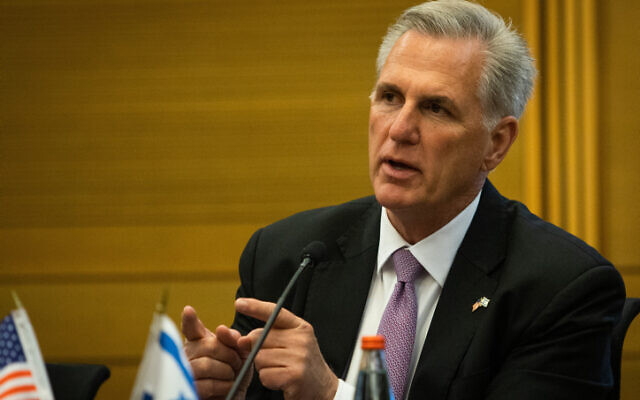 US House Speaker Kevin McCarthy speaks in the Knesset in Jerusalem, April 30, 2023. (Oren Ben Hakoon/POOL)