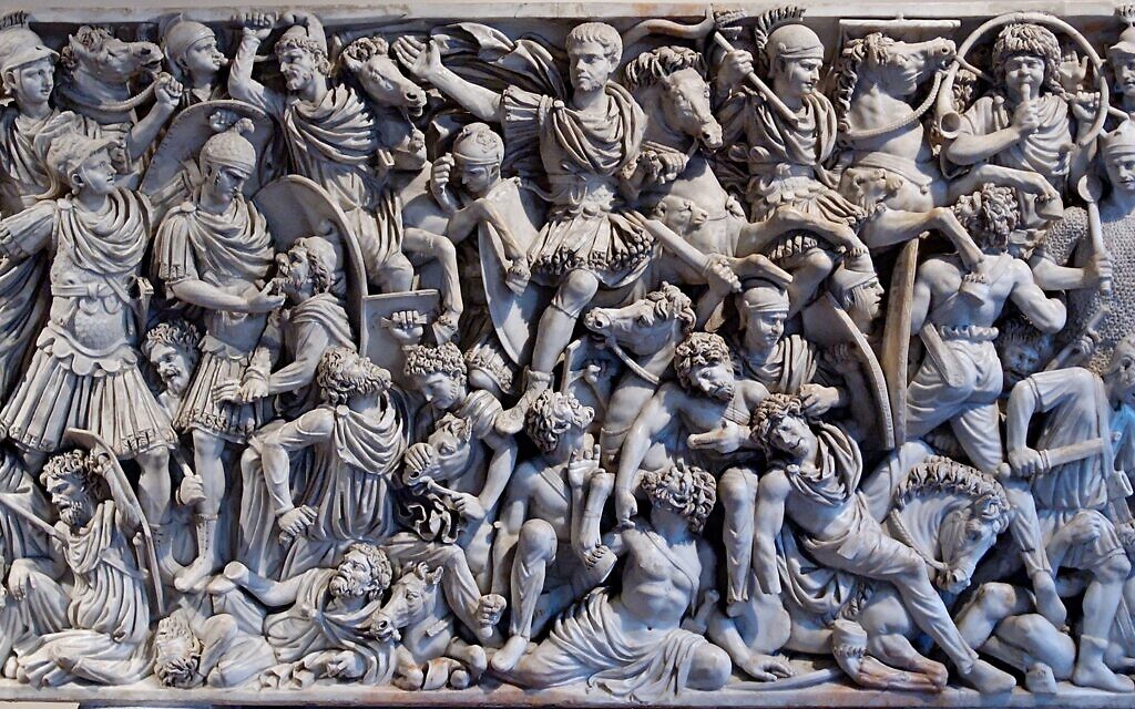 The “Grande Ludovisi” sarcophagus, with a battle scene between Roman soldiers and Germans, in a marble sarcophagus from 251/252 CE. (Museo Nazionale Romano di Palazzo Altemps, Public domain, via Wikimedia Commons)