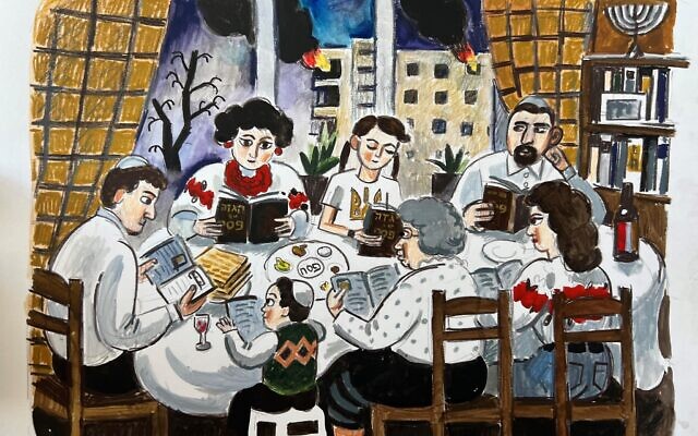 An illustration by Zoya Cherkassky-Nnadi in 'For Our Freedom,' a new Haggadah in Ukrainian, an initiative of Project Kesher, available for Passover 2023 (Courtesy Project Kesher)