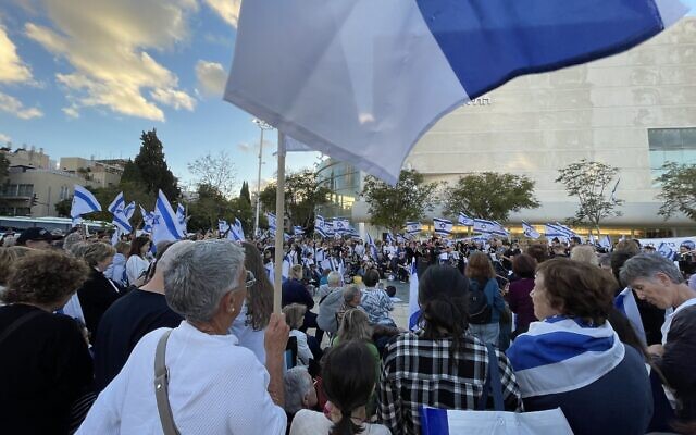Grandparents gather at a 'Savtot for Democracy' protest against the judicial overhaul in Tel Aviv's Habima Square, April 20, 2023. (Carrie Keller-Lynn/Times of Israel)