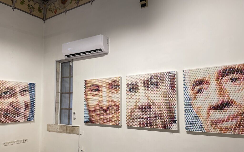 Portraits of Ariel Sharon (far left), Ehud Barak, Benjamin Netanyahu and Shimon Peres as envisioned in Gavin Rain's artwork, part of the Prime Ministers in Perspective exhibit at Jerusalem's Biennale Gallery, April 23, 2023 through May 7, 2023 (Courtesy Clive Hassel/Reproduction of Artists Works for Brandsmiths and Myron Zeidel)