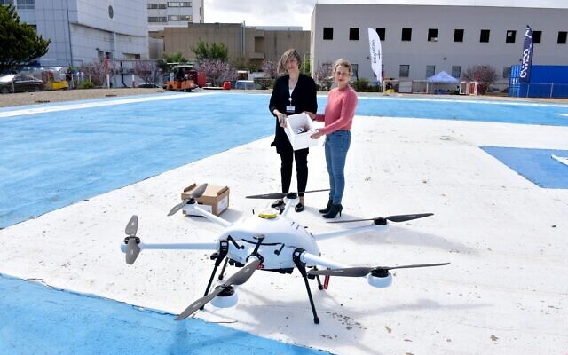 Staff from Galilee Medical Center in Nahariya check blood after it arrives by drone from Haifa's Rambam Medical Center, April 2, 2023. (Roni Albert/Galilee Medical Center)